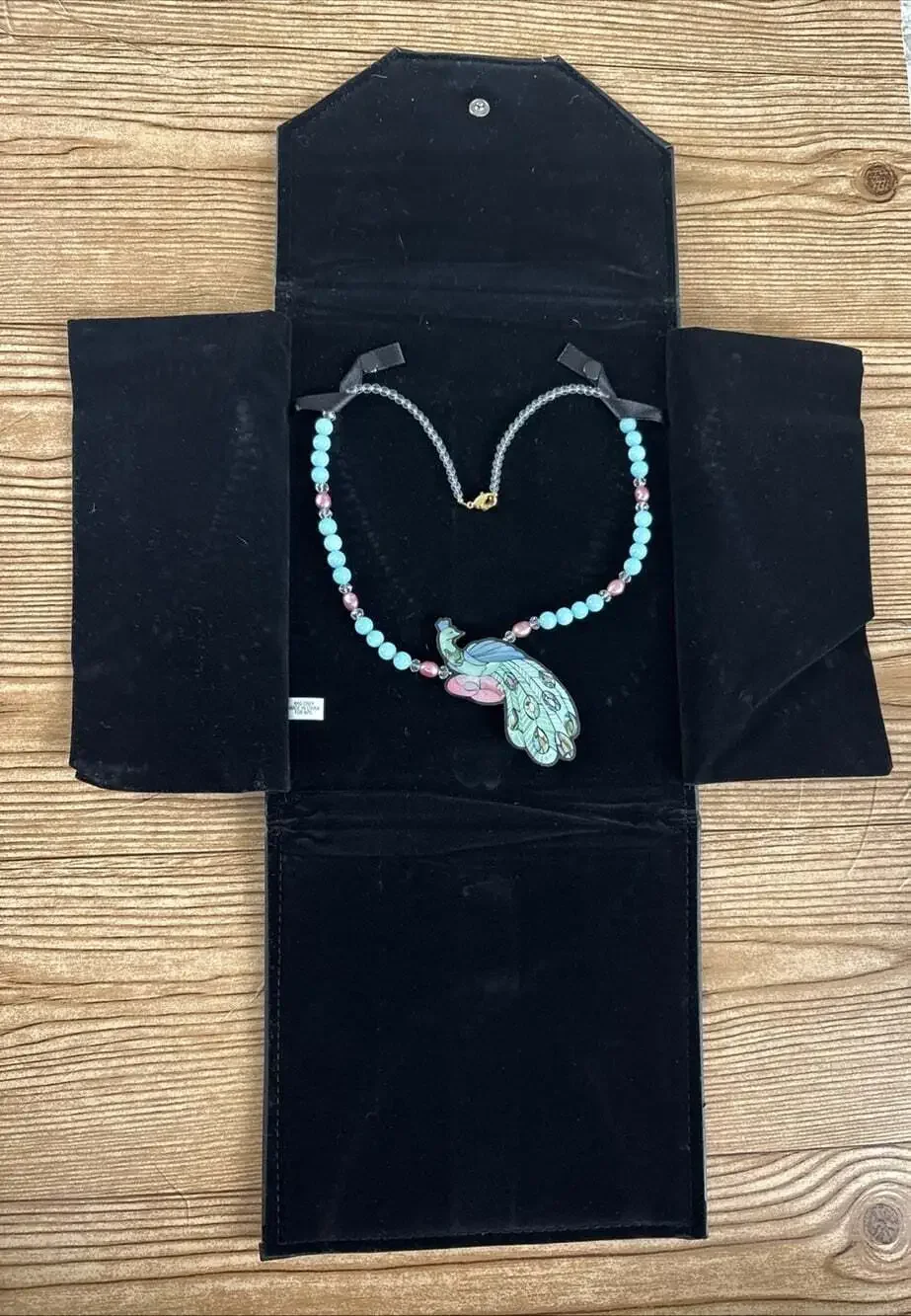 Lee Sands Blue Pink Shell Inlay Peacock Necklace Chaledony Beads Pink Pearls 21